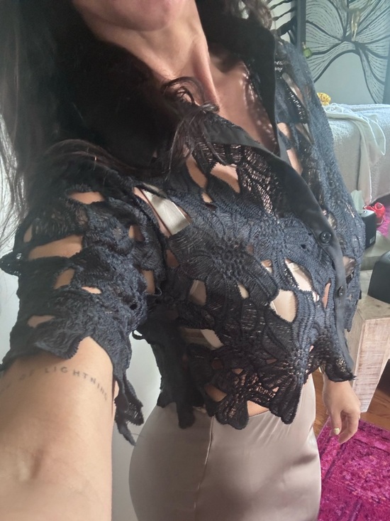Tops - Sheer Black Floral Crochet Button-Up Top